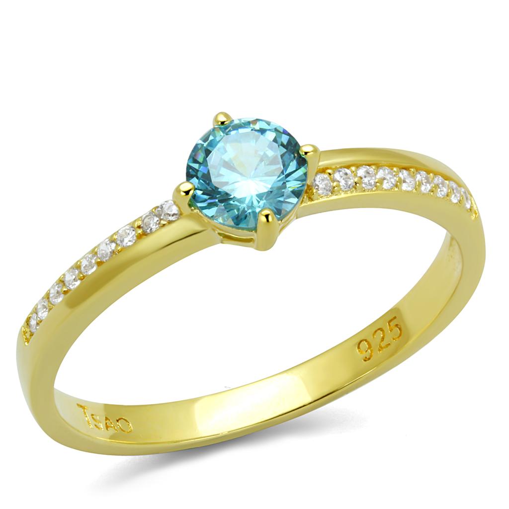 TS561 - Gold 925 Sterling Silver Ring with AAA Grade CZ in Sea Blue
