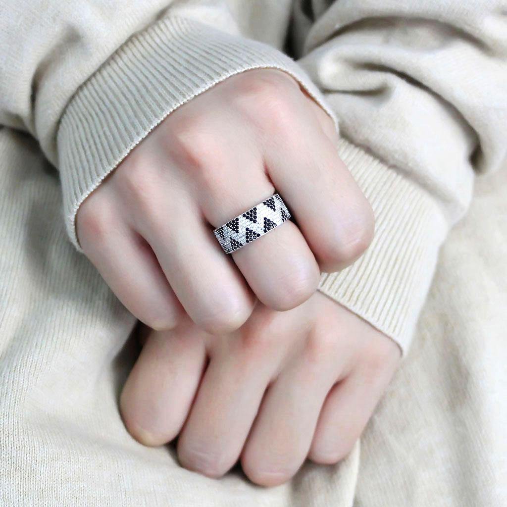 TS613 - Rhodium 925 Sterling Silver Ring with AAA Grade CZ in Jet