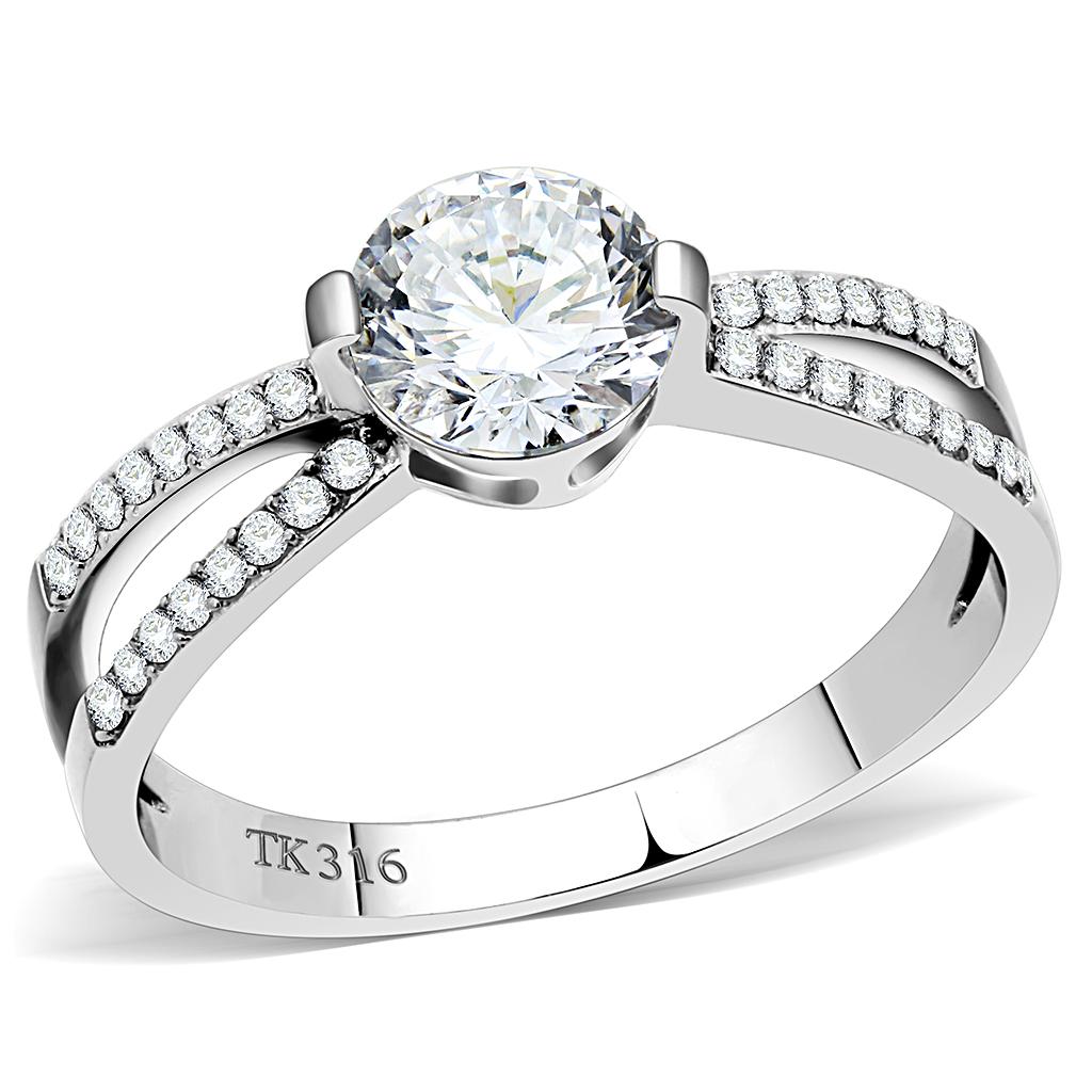 DA002 - High polished (no plating) Stainless Steel Ring with AAA Grade CZ in Clear