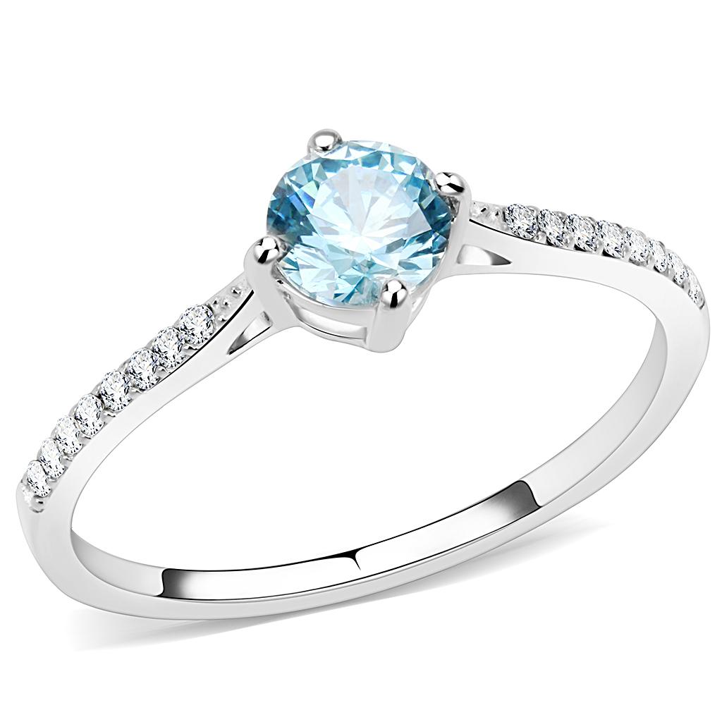 DA019 - High polished (no plating) Stainless Steel Ring with AAA Grade CZ in Sea Blue