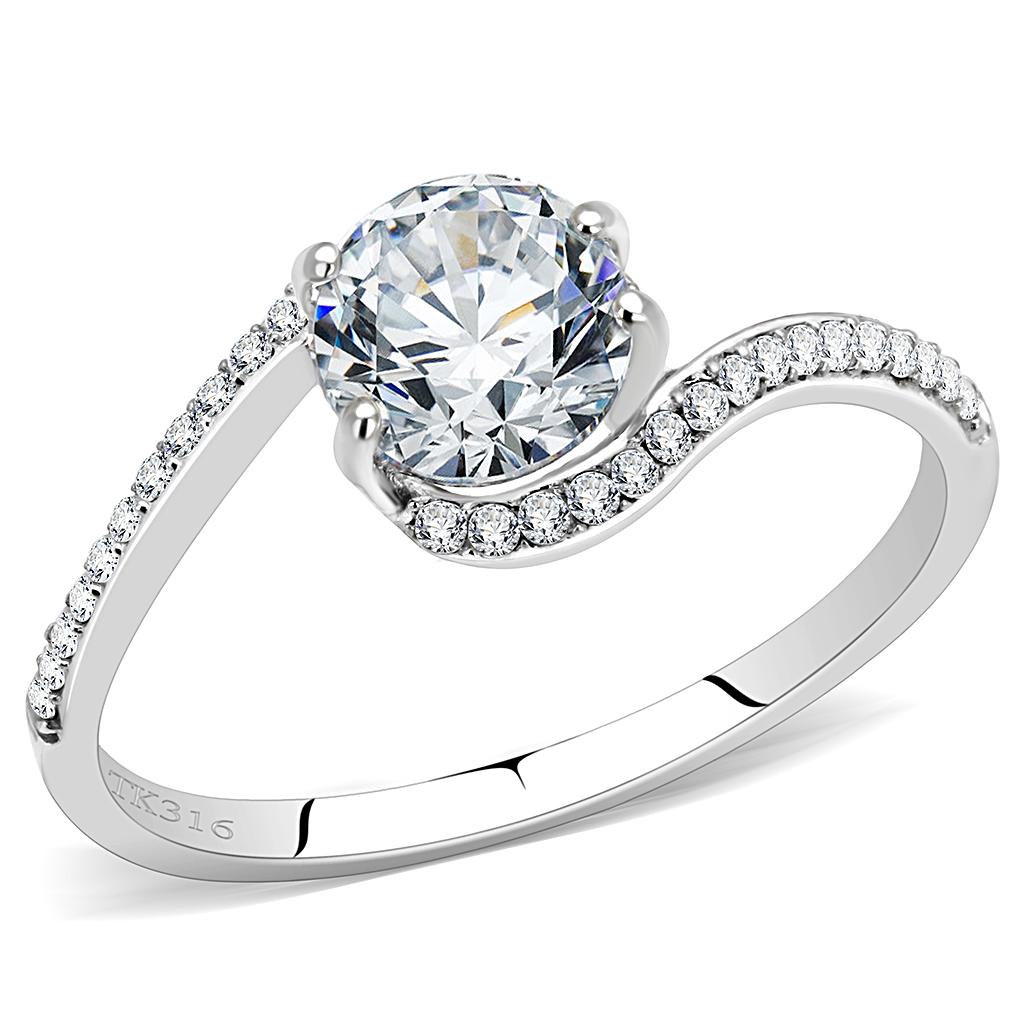 DA023 - High polished (no plating) Stainless Steel Ring with AAA Grade CZ in Clear
