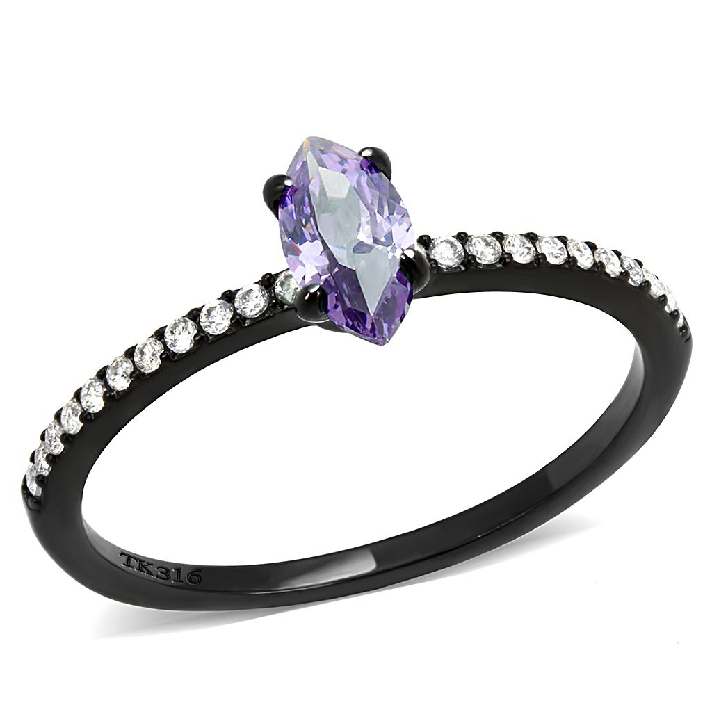 DA032 - IP Black(Ion Plating) Stainless Steel Ring with AAA Grade CZ in Amethyst