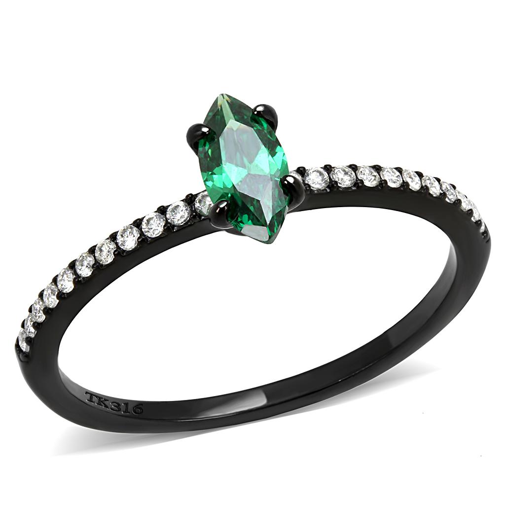 DA033 - IP Black(Ion Plating) Stainless Steel Ring with AAA Grade CZ in Emerald