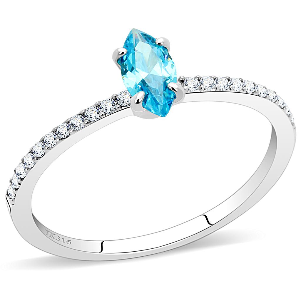 DA034 - High polished (no plating) Stainless Steel Ring with AAA Grade CZ in Sea Blue