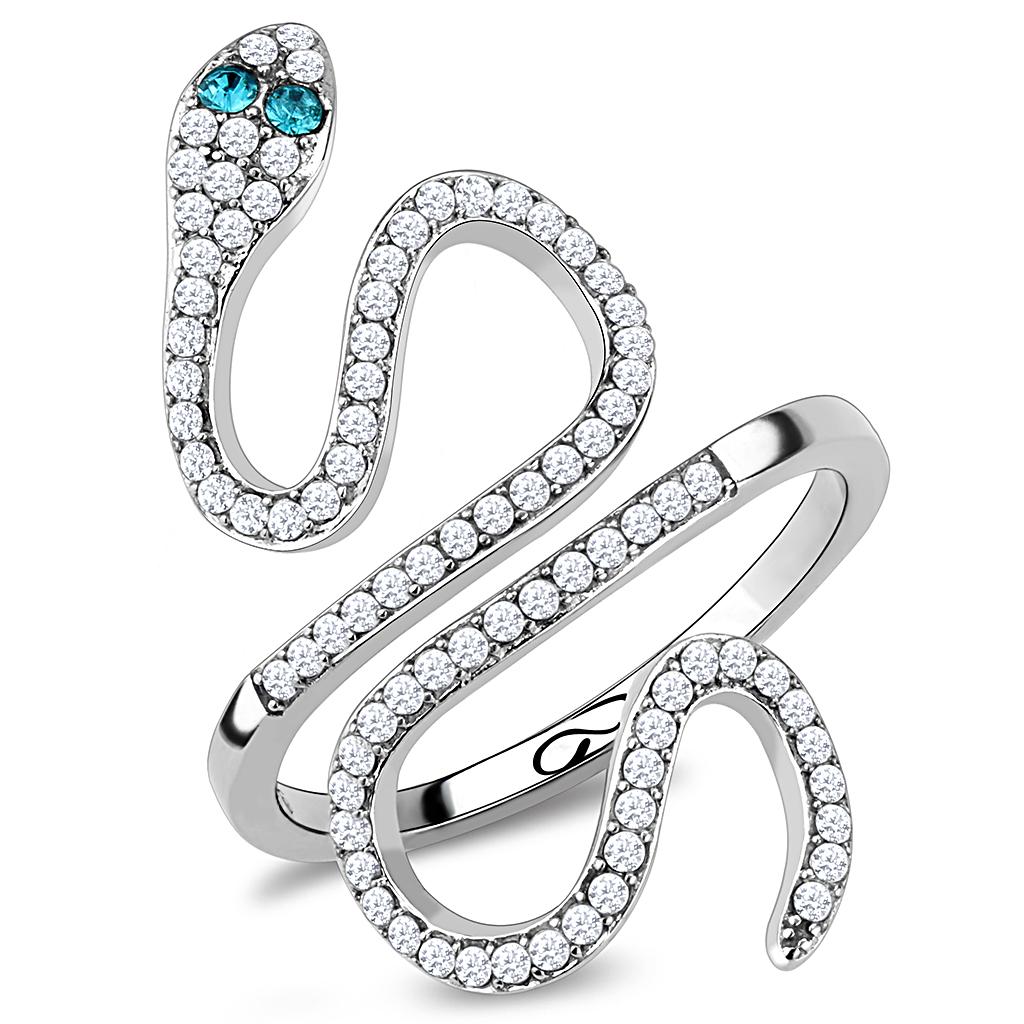 DA051 - High polished (no plating) Stainless Steel Ring with Top Grade Crystal in Blue Zircon