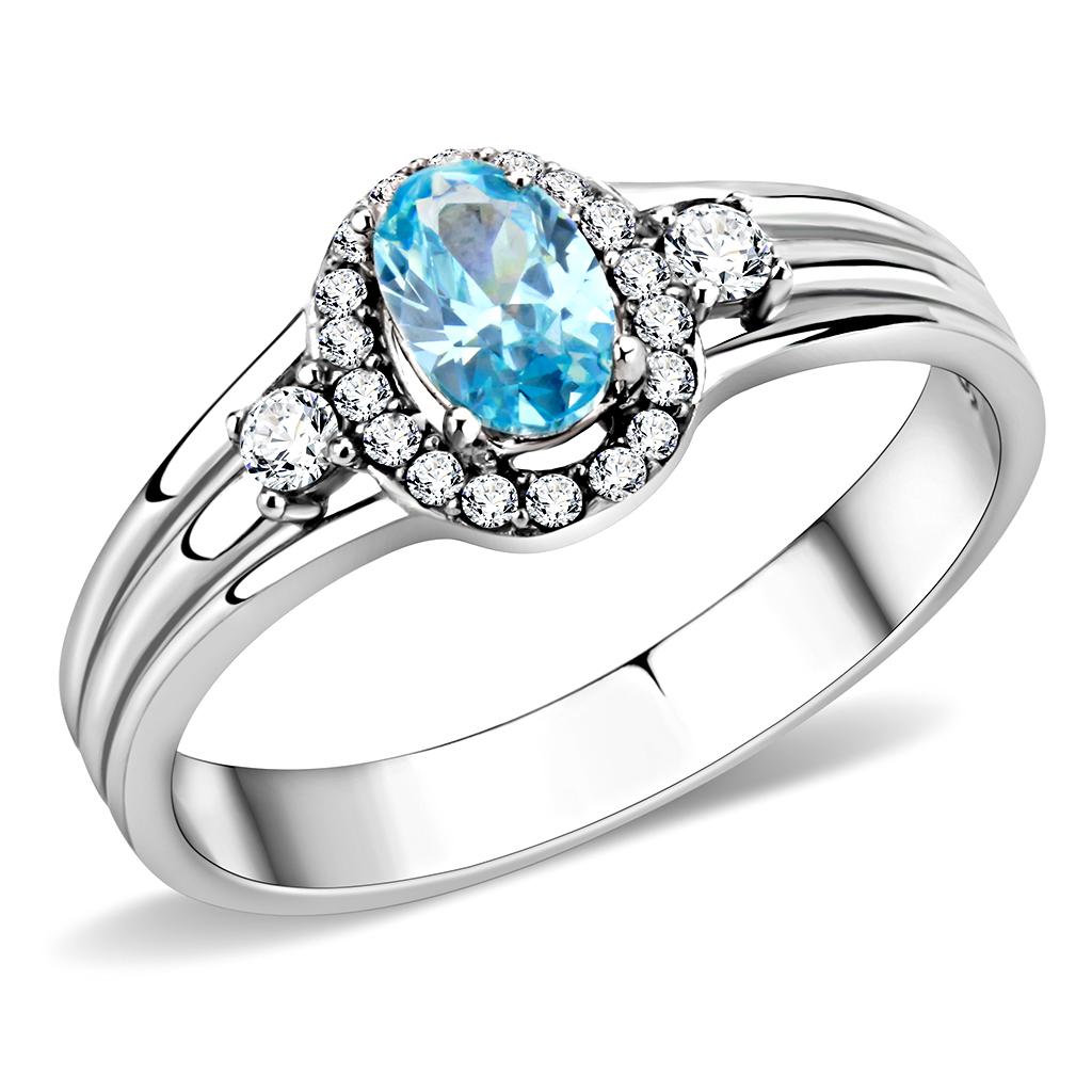 DA166 - High polished (no plating) Stainless Steel Ring with AAA Grade CZ in Sea Blue