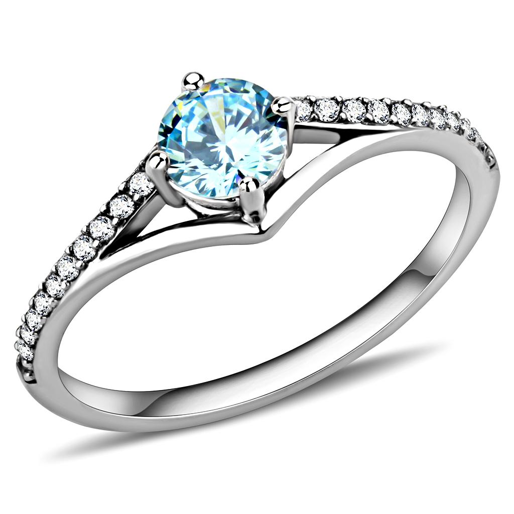 DA167 - High polished (no plating) Stainless Steel Ring with AAA Grade CZ in Sea Blue