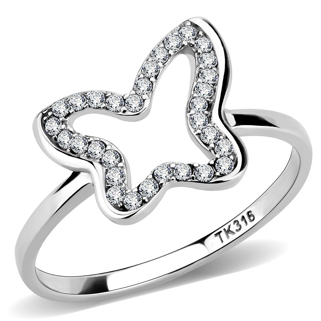 DA241 - High polished (no plating) Stainless Steel Ring with AAA Grade CZ in Clear