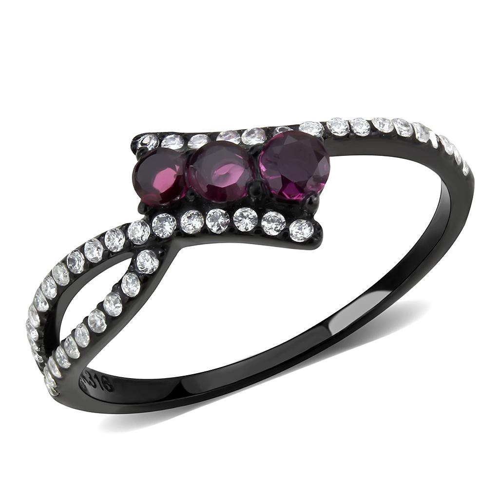 DA324 - IP Black(Ion Plating) Stainless Steel Ring with AAA Grade CZ in Fuchsia