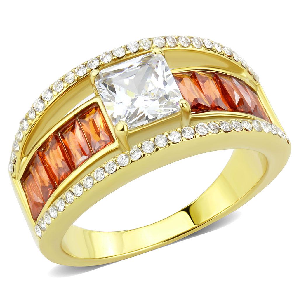 DA360 - IP Gold(Ion Plating) Stainless Steel Ring with AAA Grade CZ in Garnet
