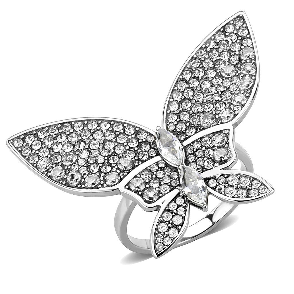 DA365 - High polished (no plating) Stainless Steel Ring with AAA Grade CZ in Clear