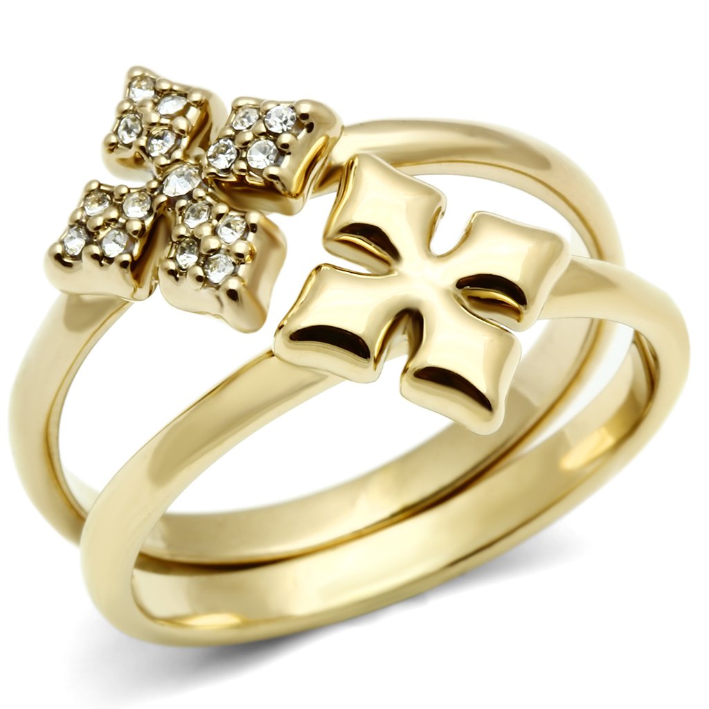GL319 - IP Gold(Ion Plating) Brass Ring with Top Grade Crystal in Clear