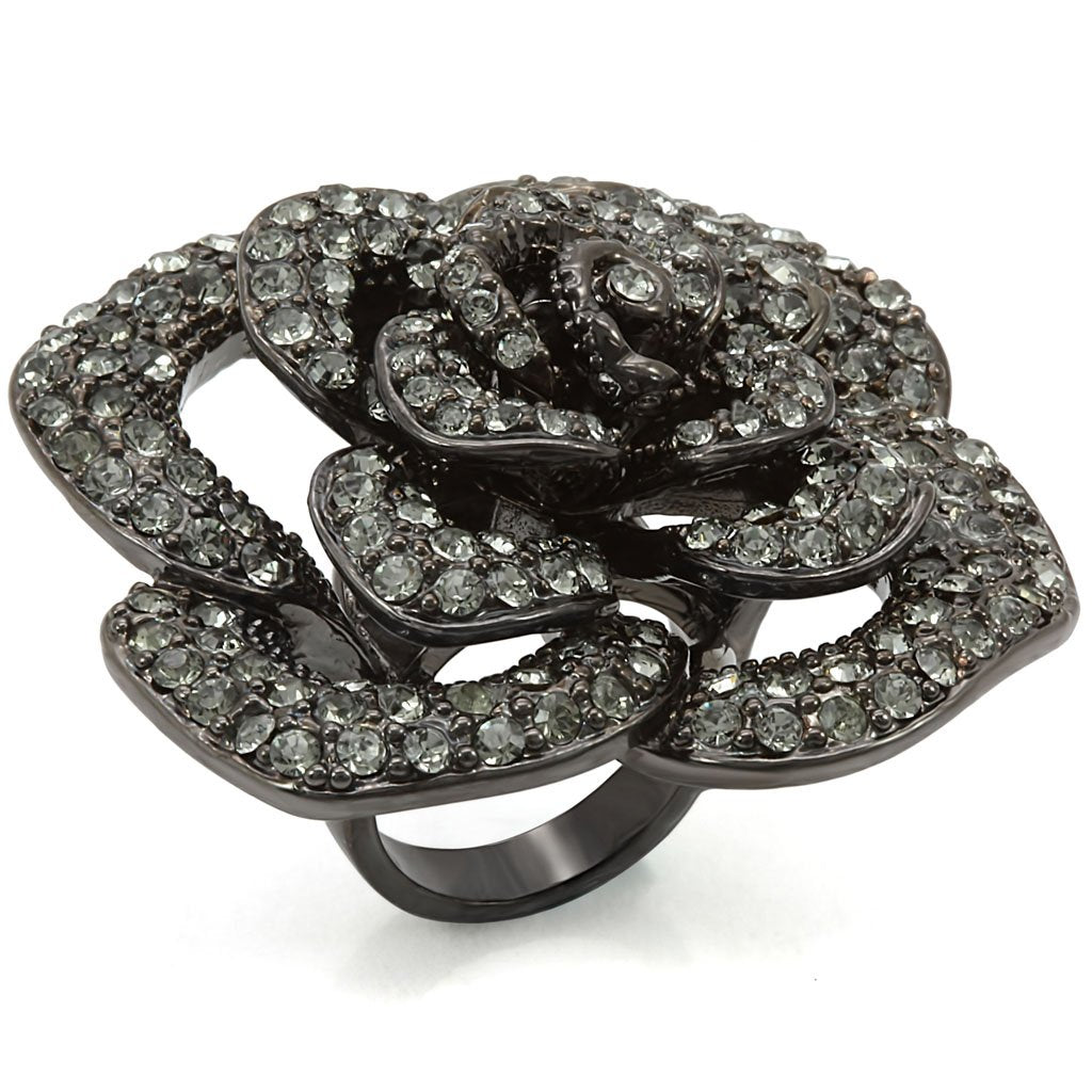 LO1266 - Ruthenium Brass Ring with Top Grade Crystal in Black Diamond