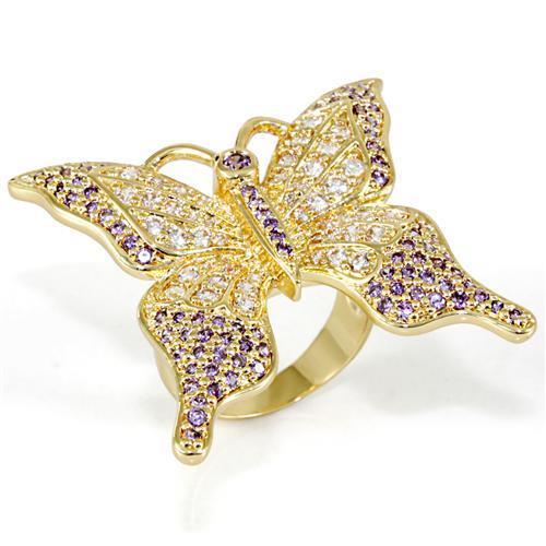 LO1497 - Imitation Gold Brass Ring with AAA Grade CZ in Tanzanite