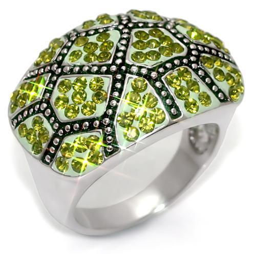 LO1519 - Rhodium Brass Ring with Top Grade Crystal in Olivine color