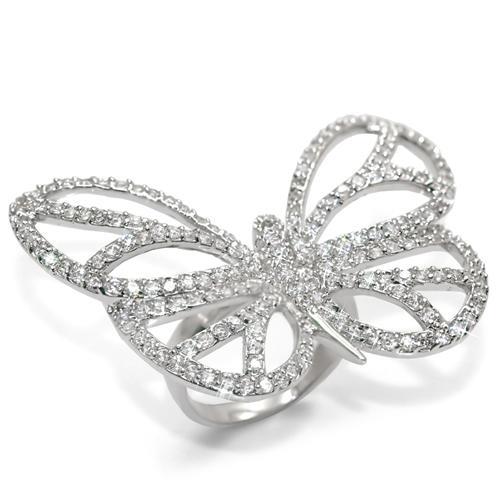 LO1525 - Rhodium Brass Ring with Top Grade Crystal in Clear