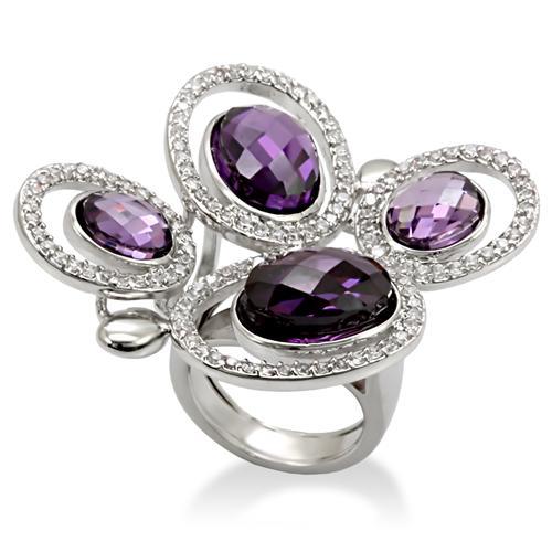 LO1557 - Rhodium Brass Ring with AAA Grade CZ in Amethyst