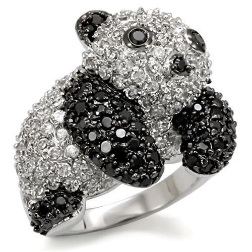 LO1559 - Rhodium + Ruthenium Brass Ring with AAA Grade CZ in Black Diamond