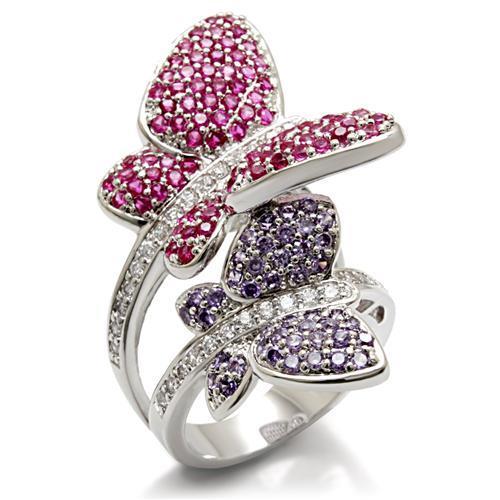 LO1601 - Rhodium Brass Ring with AAA Grade CZ in Multi Color