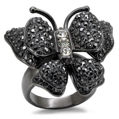 LO1680 - TIN Cobalt Black Brass Ring with Top Grade Crystal in Jet