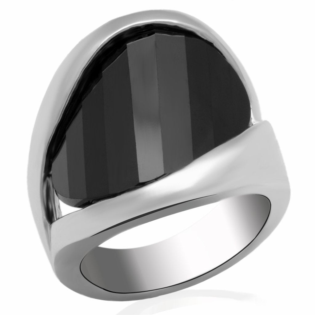 LO2063 - Rhodium Brass Ring with AAA Grade CZ in Jet
