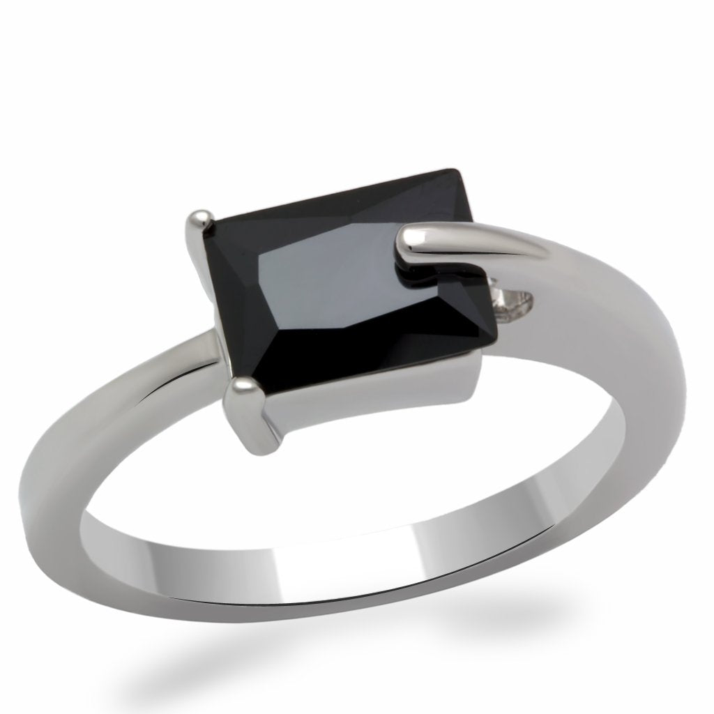 LO2066 - Rhodium Brass Ring with AAA Grade CZ in Jet