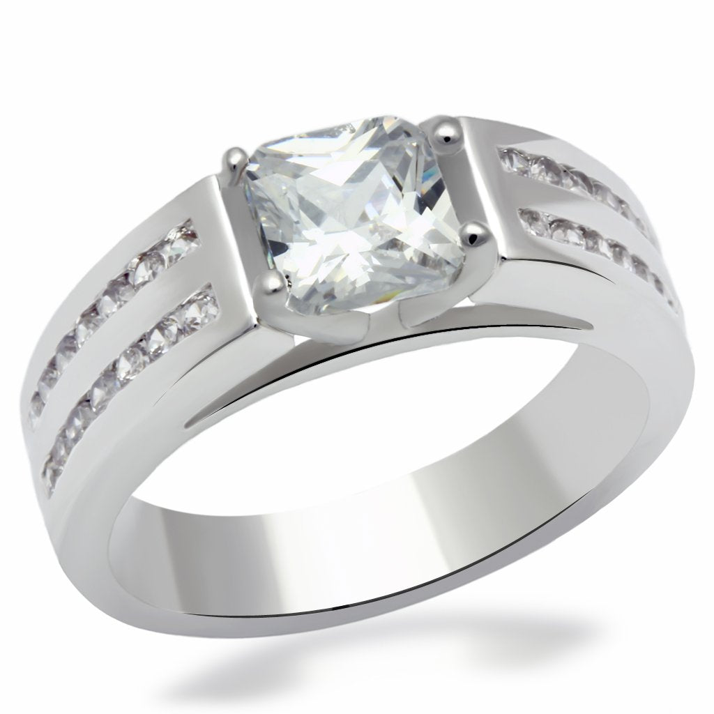 LO2070 - Rhodium Brass Ring with AAA Grade CZ in Clear