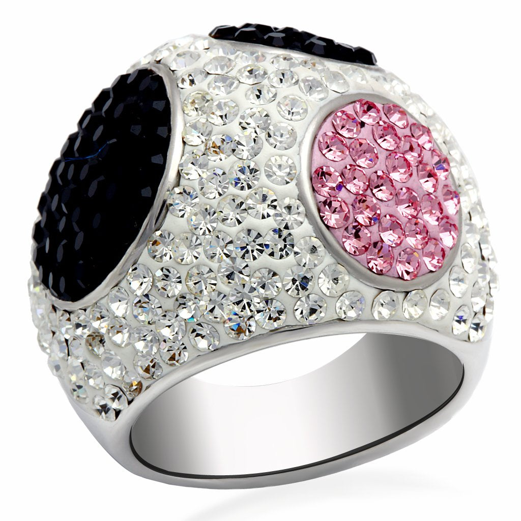 LO2081 - Rhodium + Ruthenium Brass Ring with Top Grade Crystal in Multi Color