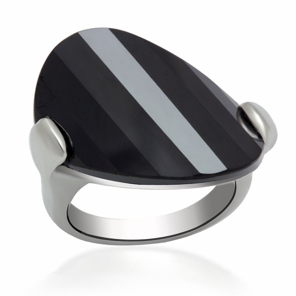 LO2085 - Rhodium Brass Ring with AAA Grade CZ in Jet