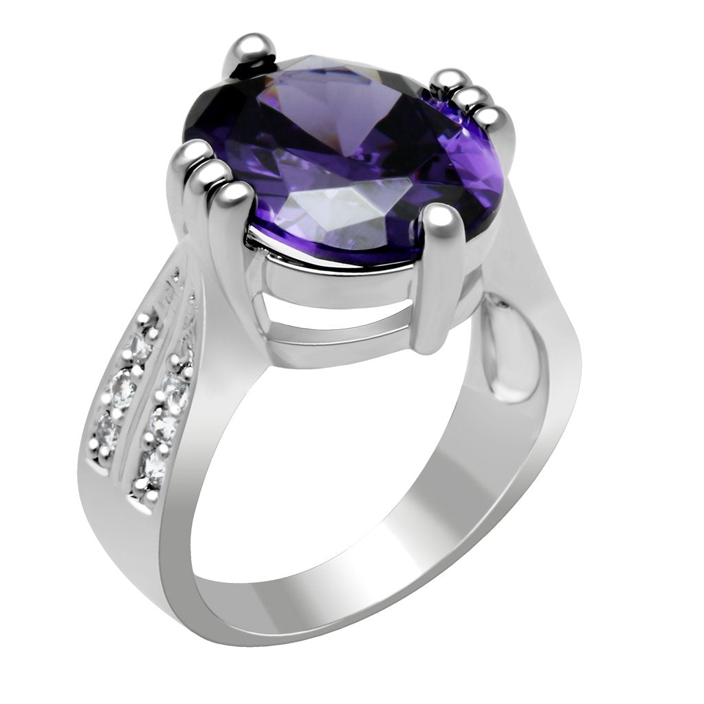 LO2088 - Rhodium Brass Ring with AAA Grade CZ in Fuchsia