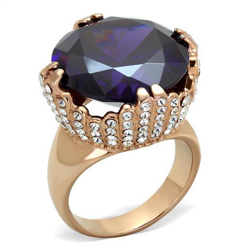 TK1786 - IP Rose Gold(Ion Plating) Stainless Steel Ring with AAA Grade CZ in Amethyst