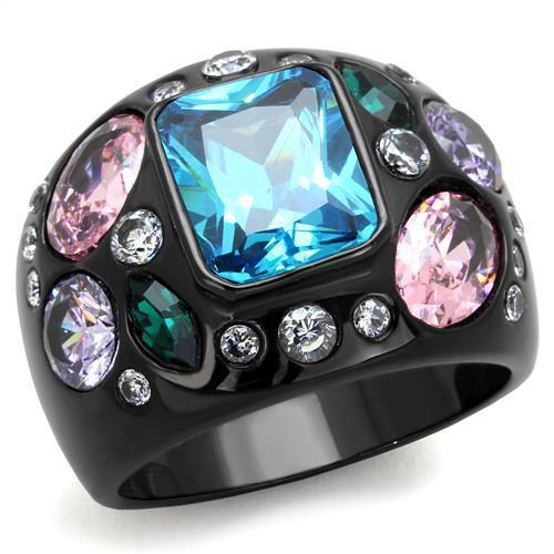 TK1790 - IP Black(Ion Plating) Stainless Steel Ring with AAA Grade CZ in Sea Blue