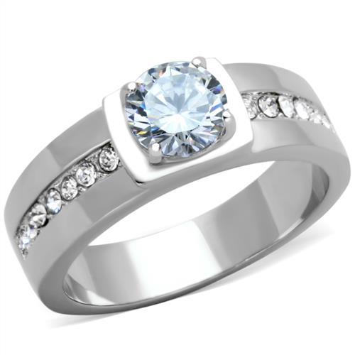 TK1816 - High polished (no plating) Stainless Steel Ring with AAA Grade CZ in Clear