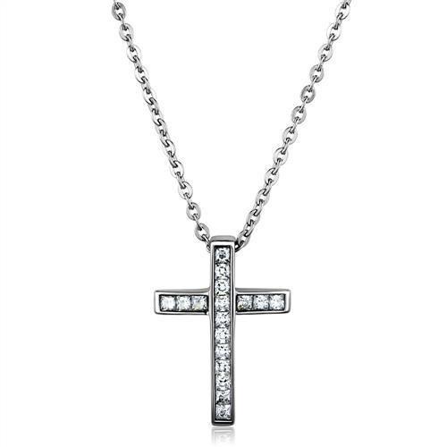 TK1858 - High polished (no plating) Stainless Steel Chain Pendant with AAA Grade CZ in Clear