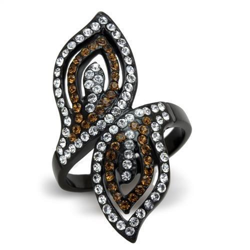 TK1864 - IP Black(Ion Plating) Stainless Steel Ring with Top Grade Crystal in Smoked Quartz