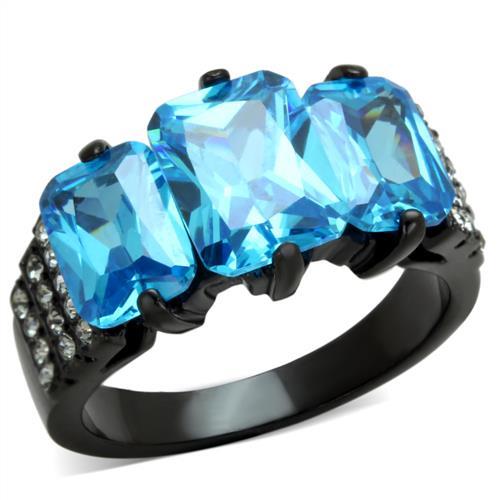 TK1866 - IP Black(Ion Plating) Stainless Steel Ring with AAA Grade CZ in Sea Blue