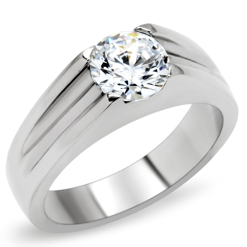 TK193 - High polished (no plating) Stainless Steel Ring with AAA Grade CZ in Clear