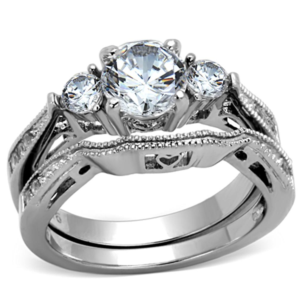 TK1W002 - High polished (no plating) Stainless Steel Ring with AAA Grade CZ in Clear