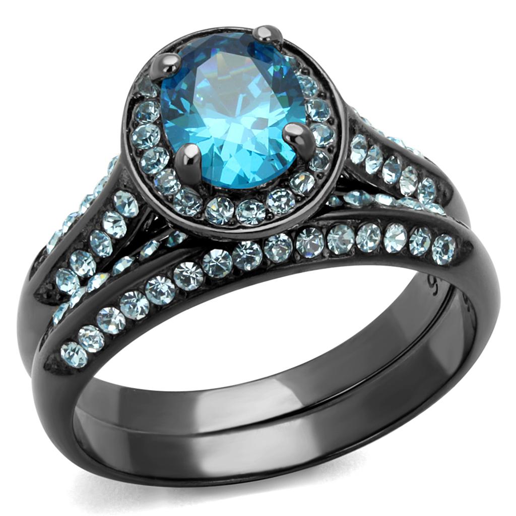 TK1W163LJ - IP Light Black (IP Gun) Stainless Steel Ring with AAA Grade CZ in Sea Blue