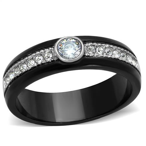 TK2019 - Two-Tone IP Black (Ion Plating) Stainless Steel Ring with AAA Grade CZ in Clear
