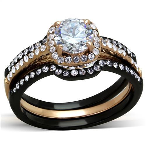 TK2020 - IP Rose Gold+ IP Black (Ion Plating) Stainless Steel Ring with AAA Grade CZ in Clear