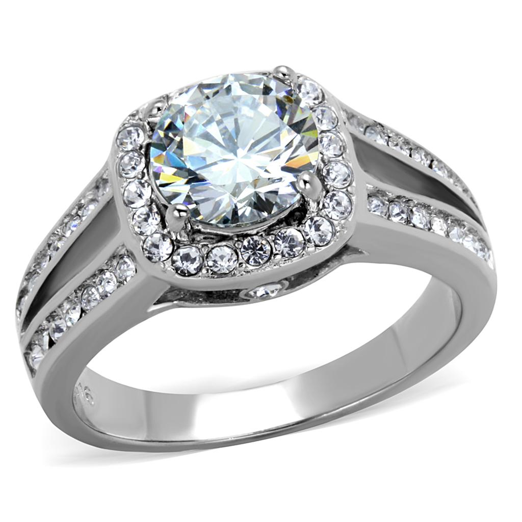 TK2043 - High polished (no plating) Stainless Steel Ring with AAA Grade CZ in Clear