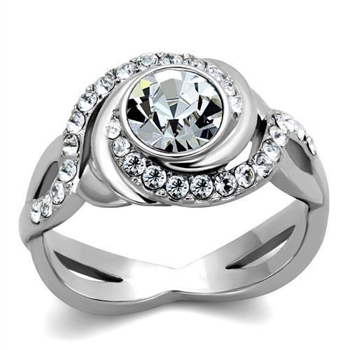 TK2111 - High polished (no plating) Stainless Steel Ring with Top Grade Crystal in Clear