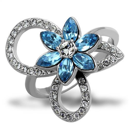 TK2123 - High polished (no plating) Stainless Steel Ring with Top Grade Crystal in Sea Blue