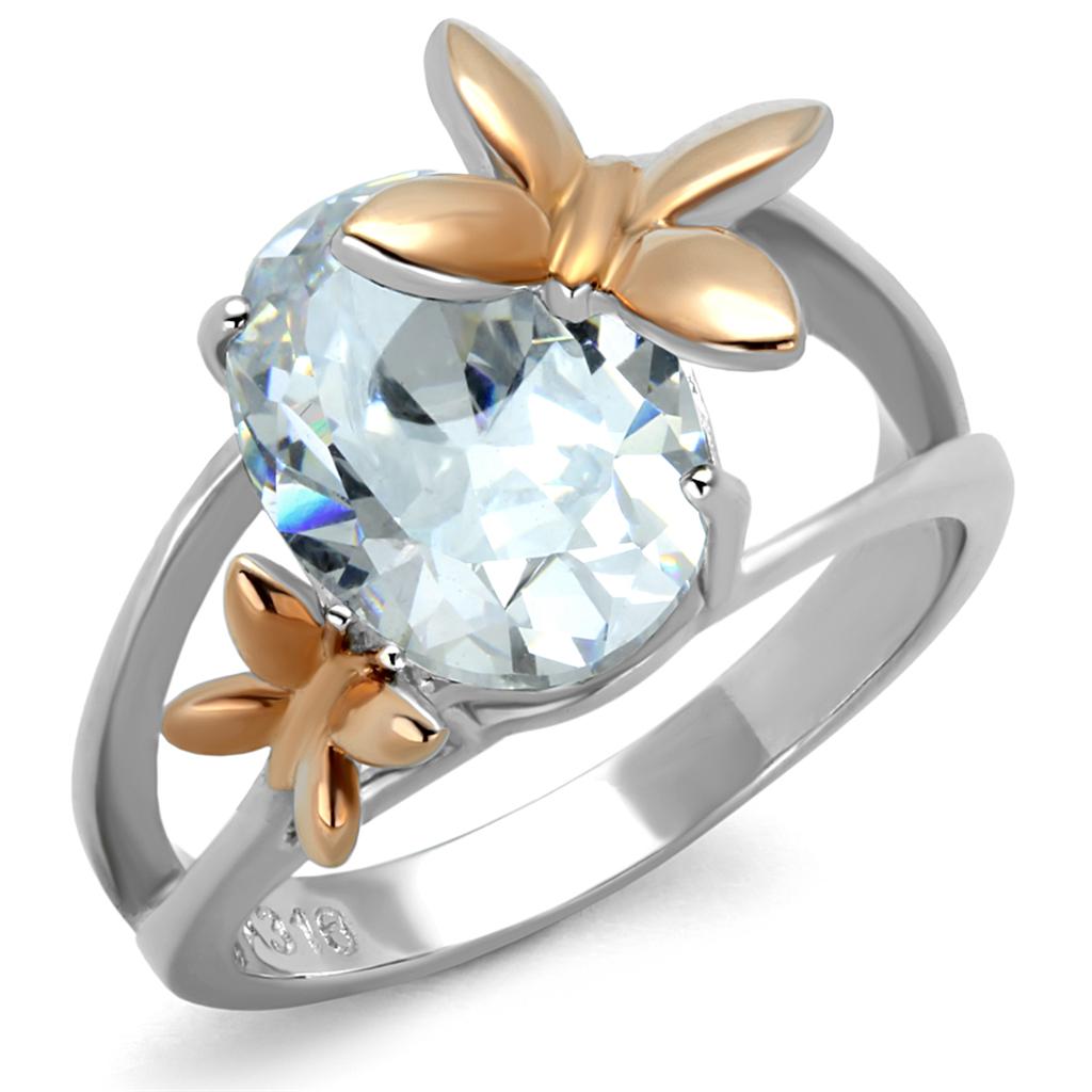 TK2135 - Two-Tone IP Rose Gold Stainless Steel Ring with AAA Grade CZ in Clear