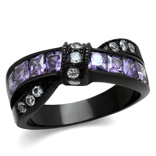 TK2140 - IP Black(Ion Plating) Stainless Steel Ring with AAA Grade CZ in Amethyst