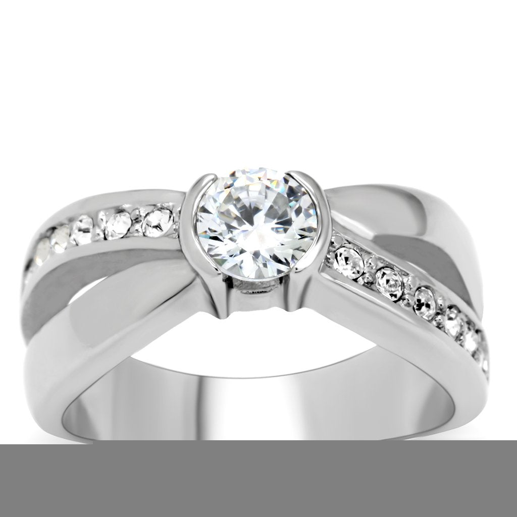 TK214 - High polished (no plating) Stainless Steel Ring with AAA Grade CZ in Clear