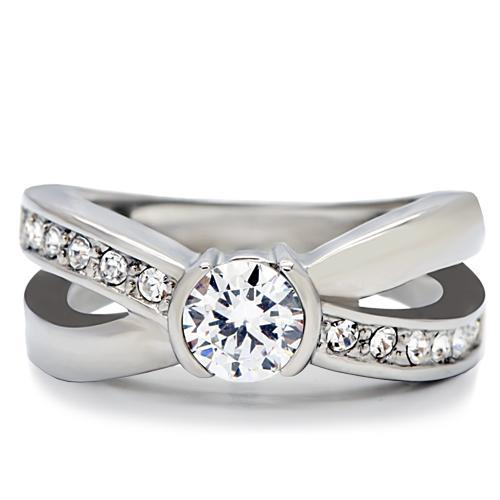 TK214 - High polished (no plating) Stainless Steel Ring with AAA Grade CZ in Clear