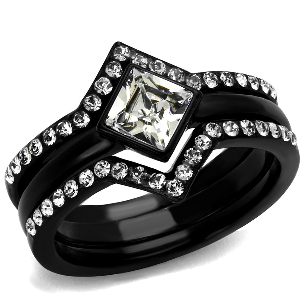 TK2185 - IP Black(Ion Plating) Stainless Steel Ring with Top Grade Crystal in Clear