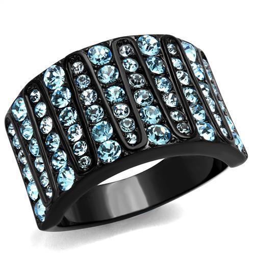 TK2198 - IP Black(Ion Plating) Stainless Steel Ring with Top Grade Crystal in Sea Blue